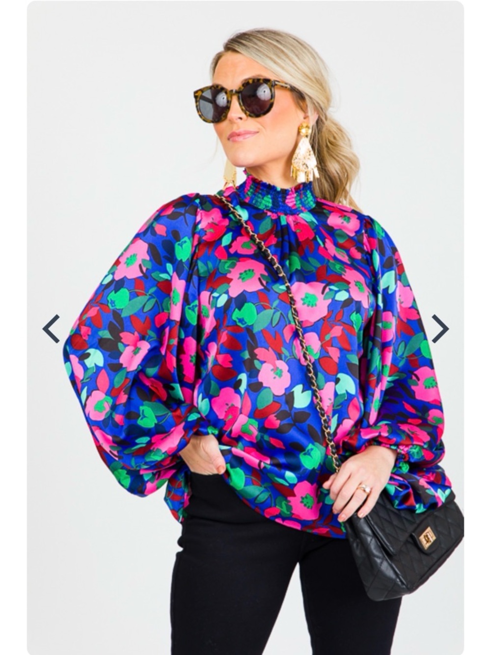 Sugarlips Vivi Floral Satin Blouse, Cobalt bold balloon sleeves smock neck small